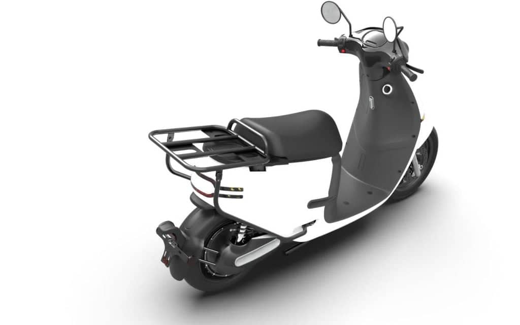 white cargo delivery moped with rear rack