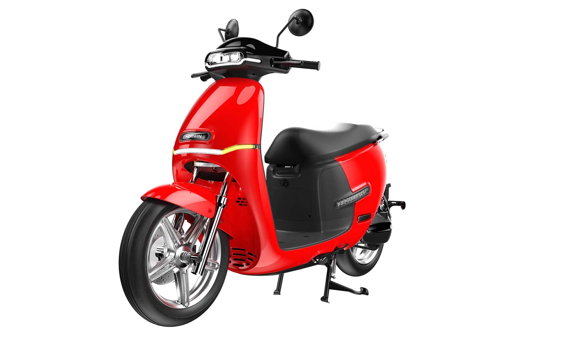 Front side view of red Horwin EK3 electric moped